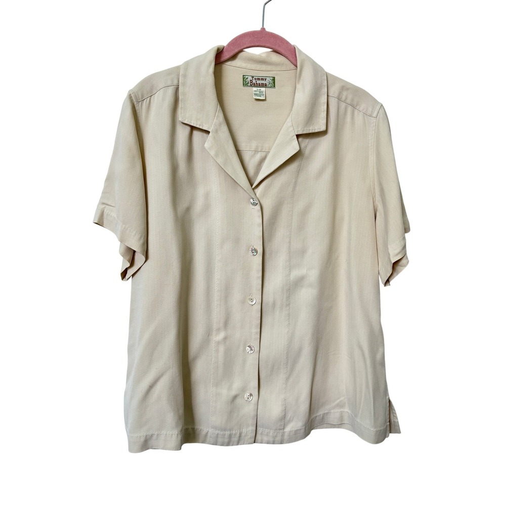 Tommy Bahama Womens Silk Button Down Shirt Cream Tan Large Short‎ Sleeve